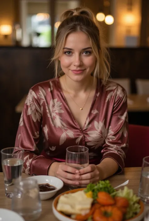 Realistic full body portrait of a German blonde young woman aged 23, ponytail, Necklace, smile. She sits in front of the camera in a shiny, flower print, metallic satin long-sleeved shirt and a burgundy pencil skirt with pantyhose...Holding glass in hands,...