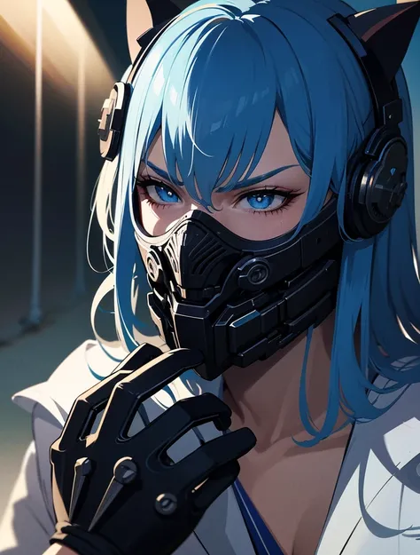 anime beautiful middle aged man wearing gloves, lab coat and a bone mask, blue hair with cat ears, detailed face, intense gaze, dynamic pose, laboratory equipment, futuristic technology, glowing energy, sci-fi atmosphere, intricate cyberpunk details, drama...