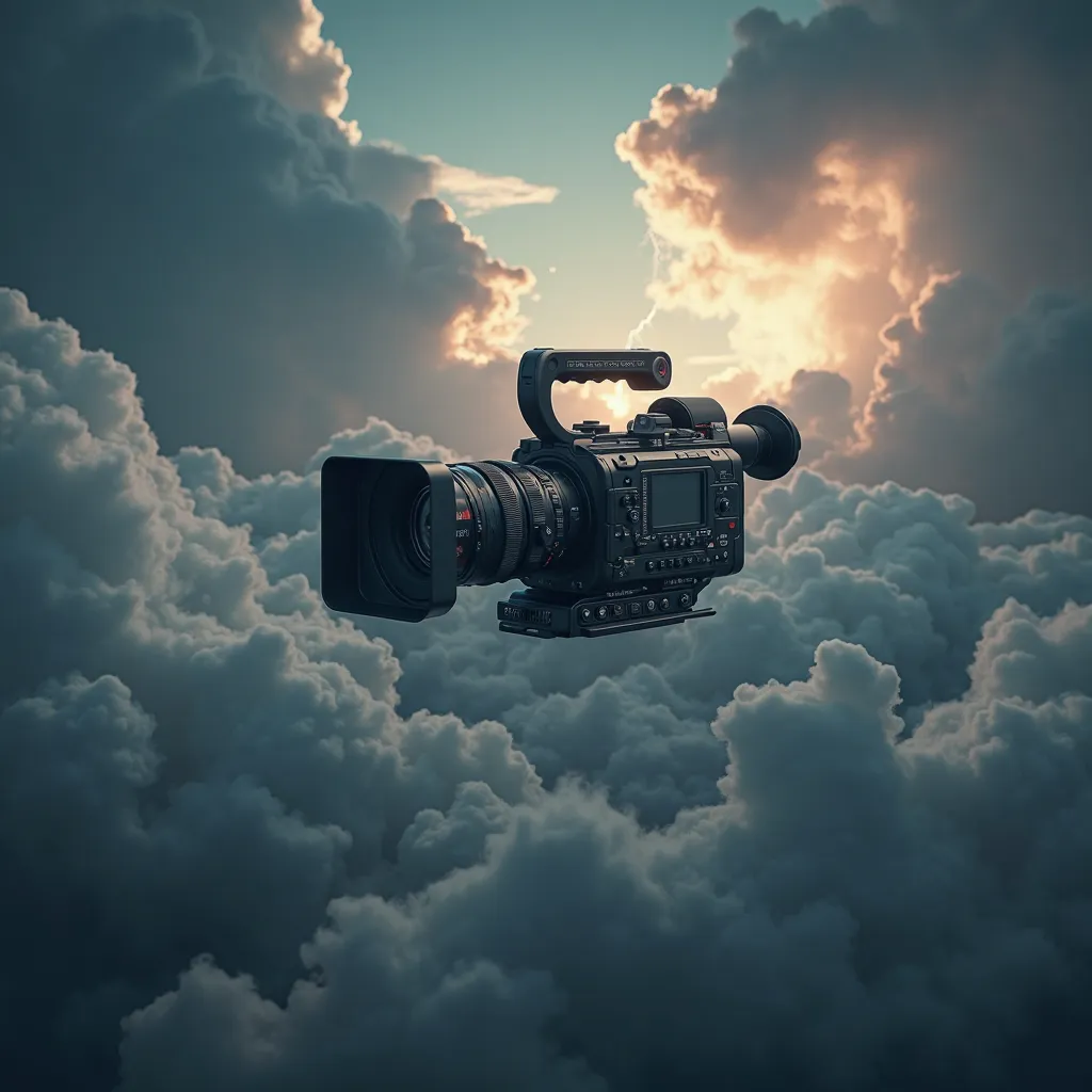 A highly detailed, ultra-realistic cinematic scene of a professional video camera floating among the clouds, high in the sky. The environment is dramatic and atmospheric, with a stormy sky above, featuring dark swirling clouds, flashes of lightning in the ...