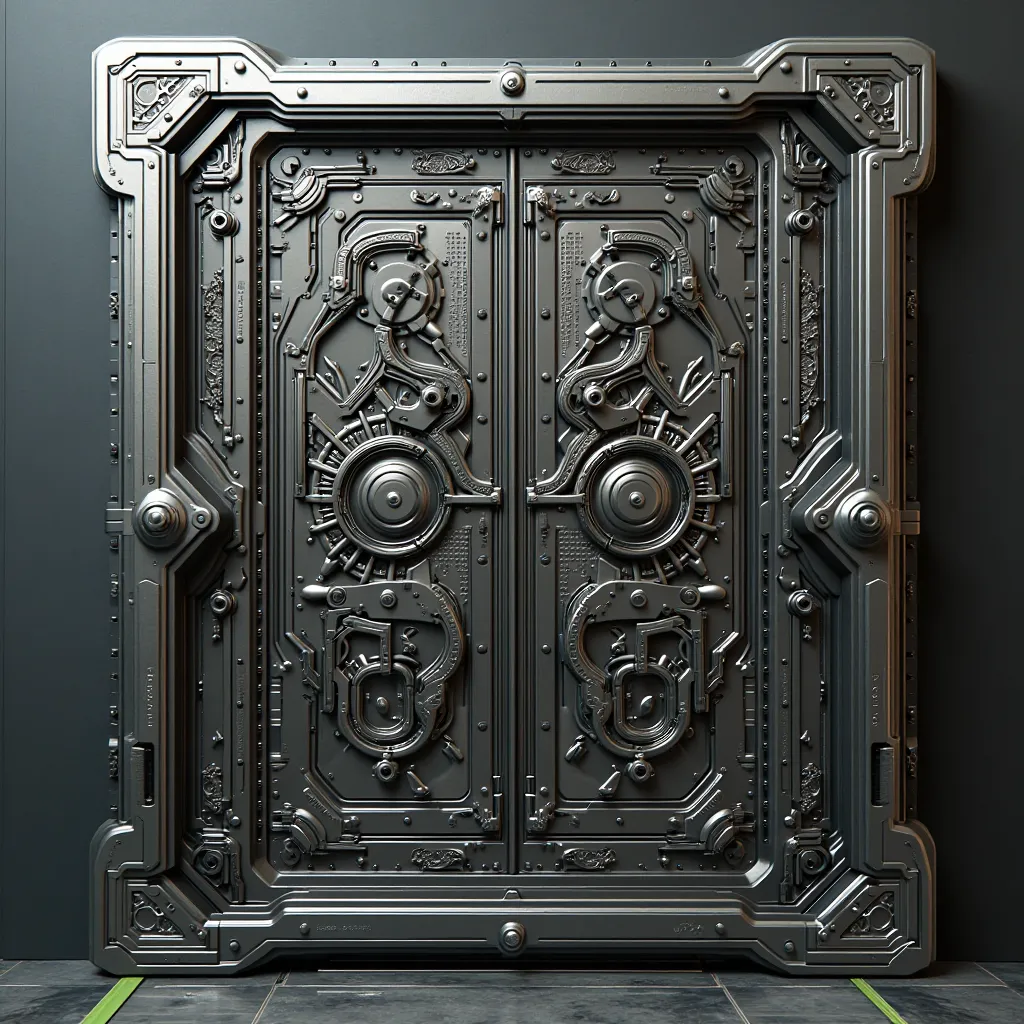 High detailed sci-fi door panel design, intricate mechanical details, engraved metal, hard surface patterns, ultra-realistic texture, 8K
