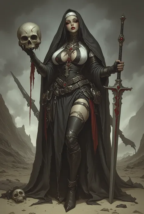 Supersexual sexy demonic militant nun, psychopathic scary smile, Holding a skull in her hand, , looking defiantly at the viewer with a bloody sword,  era on the battlefield , dotted with,  in detail, cinematic lighting,  dark fantasy , dramatic pose, drama...