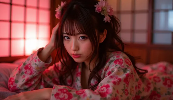 ((Japanese actress))　((Plump and glossy lips))　small Breasts　((long brown hair with bangs))　((Looking into the camera on in the right)) she is soooooooo tired after sex that she collapses,  no power  ((Oiran:1.2　kimono))　Hair tying　hair ornaments　　((A bedr...