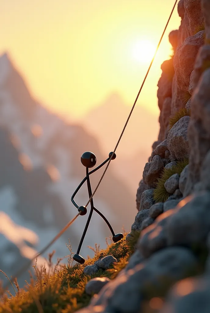 Create a Pixar-style 3D scene featuring an adorable stick figure character, with exaggerated features and a determined expression, attempting to scale a mountain. The scene shows the character in the midst of an adventurous climb, slipping and sliding on t...