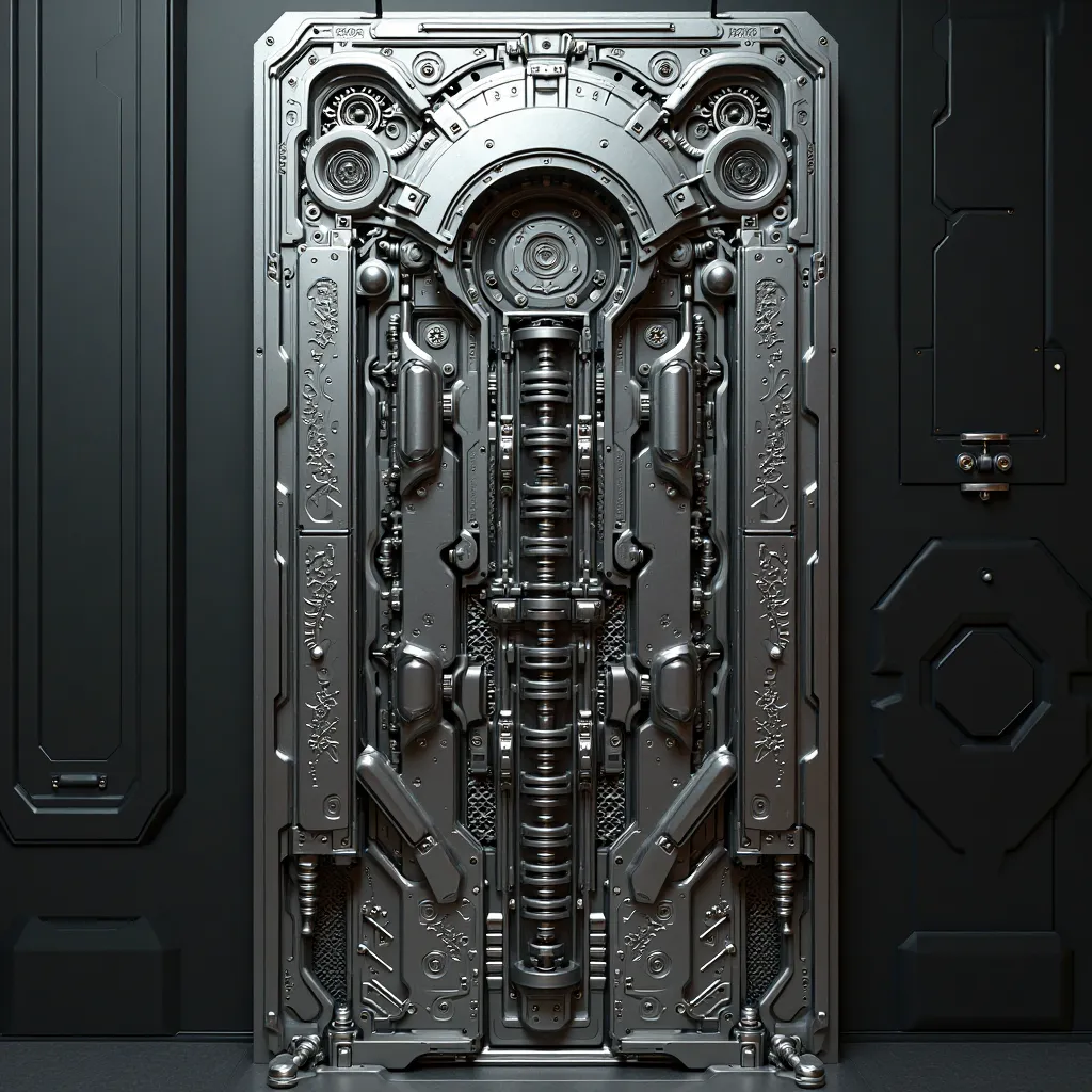 High detailed sci-fi door panel design, intricate mechanical details, engraved metal, hard surface patterns, ultra-realistic texture, 8K
