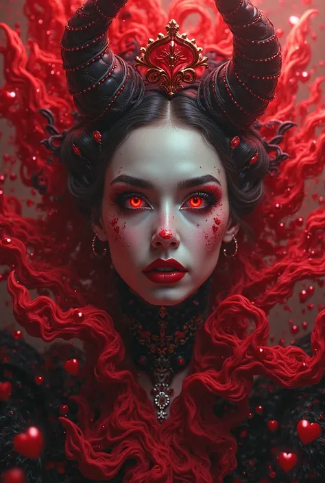 imagine a queen of hearts card I want a face model lsd queen of hearts, ultra realistic with red rays, the queen is beautiful and has a mischievous face, use flames, alice in borderland style