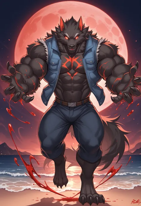 furry, solo,  , muscular male, , close up, reaching,full body, moon rise，middle night , (sleeveless jacket), looking at viewer, close up, beach, side view, nice eyes, eyes, muscular,abs, chest markings, 

, (volker \(rabbity\), werewolf , black body, hypno...