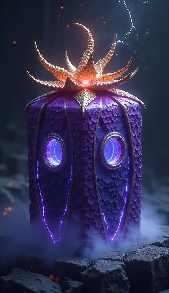 A box-shaped fruit that is circular at each end with a smooth textured surface like crystal and on the sides of the body a texture similar to dragon scales. The main color is dark purple with blue glowing lines. There was a black aura swirling around him, ...