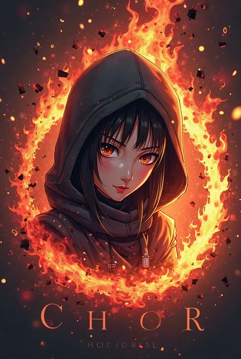 Create logo, a words chloeandrea, fire, a women girl head with hood character anime, animation