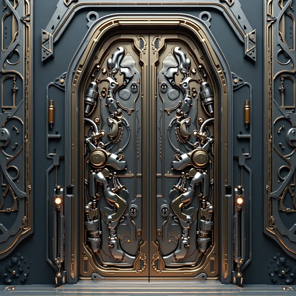 High detailed sci-fi door panel design, intricate mechanical details, engraved metal, hard surface patterns, ultra-realistic texture, 8K
