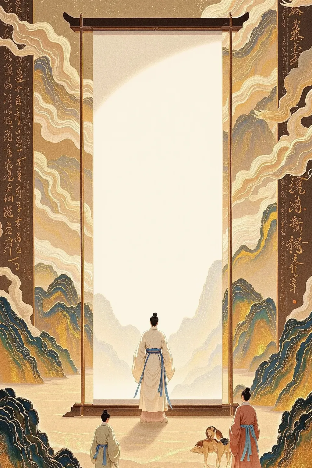 A large white blank banner stands in the center of an ancient Chinese painting with camels and stylized figures, surrounded by desert landscapes, creating a surreal scene with intricate patterns on both sides of it. The background features auspicious cloud...