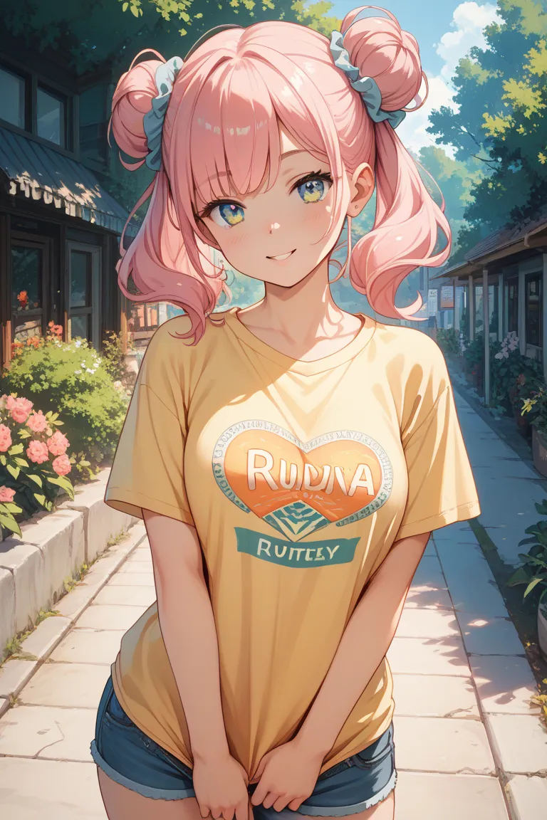 Pink haired girl with two side ups in a bun　One Y-shirt 　