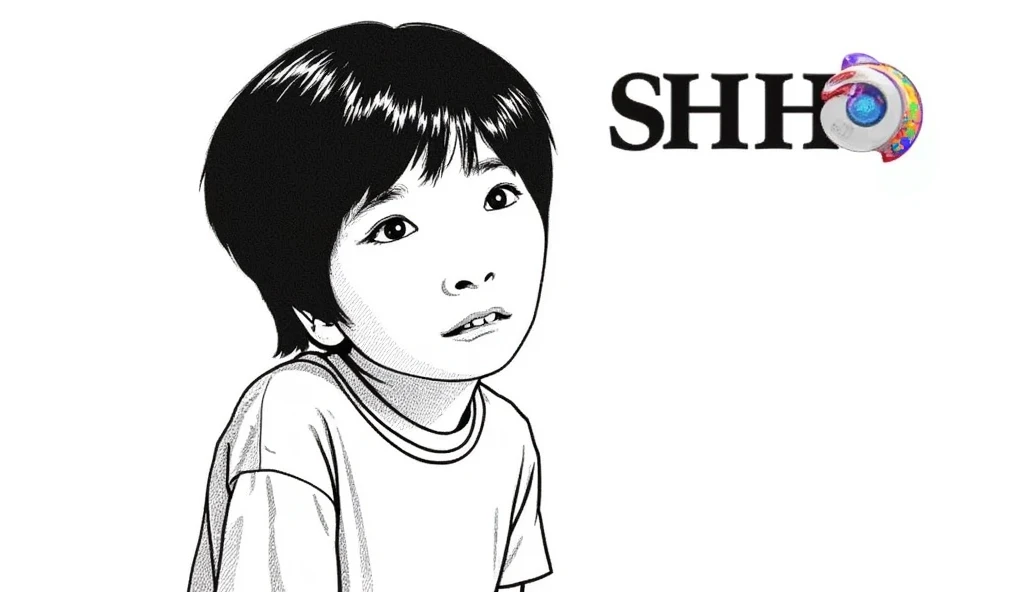 A black-and-white graphic design features a short-haired, baby-faced woman with a troubled expression. She is wearing a casual long-sleeved T-shirt and is standing against a pure white background. Above her head is the text "SHIHO" in large capital letters...