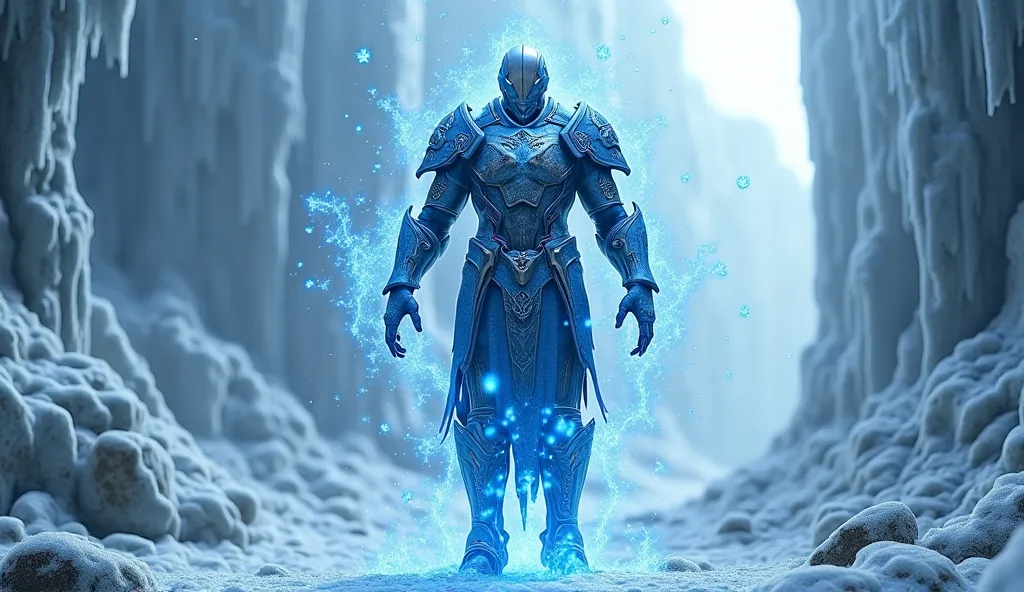 Ancient floating armour with blue energy patterns, ice elements