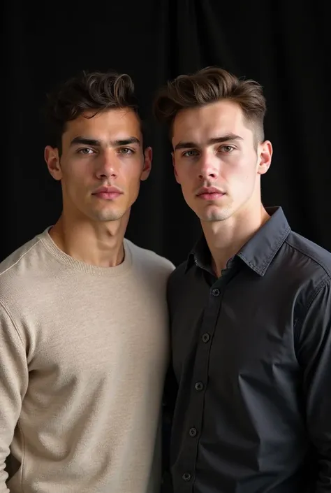 Two young, light-skinned men, positioned slightly off-center, are featured in the image.  Both are in their late teens or early twenties, and have a muscular build.  The man on the left is wearing a light beige sweater; the man on the right is wearing a da...