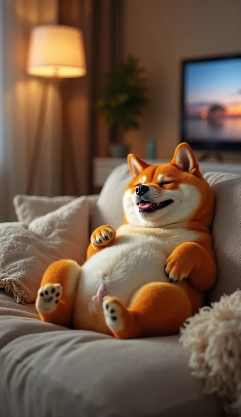 "A highly detailed 3D-rendered orange Shiba Inu dog lying on its back on a cozy modern sofa, looking completely full and satisfied after a big meal. Its round belly rises and falls gently as it breathes, one paw resting lazily on its stomach while the othe...