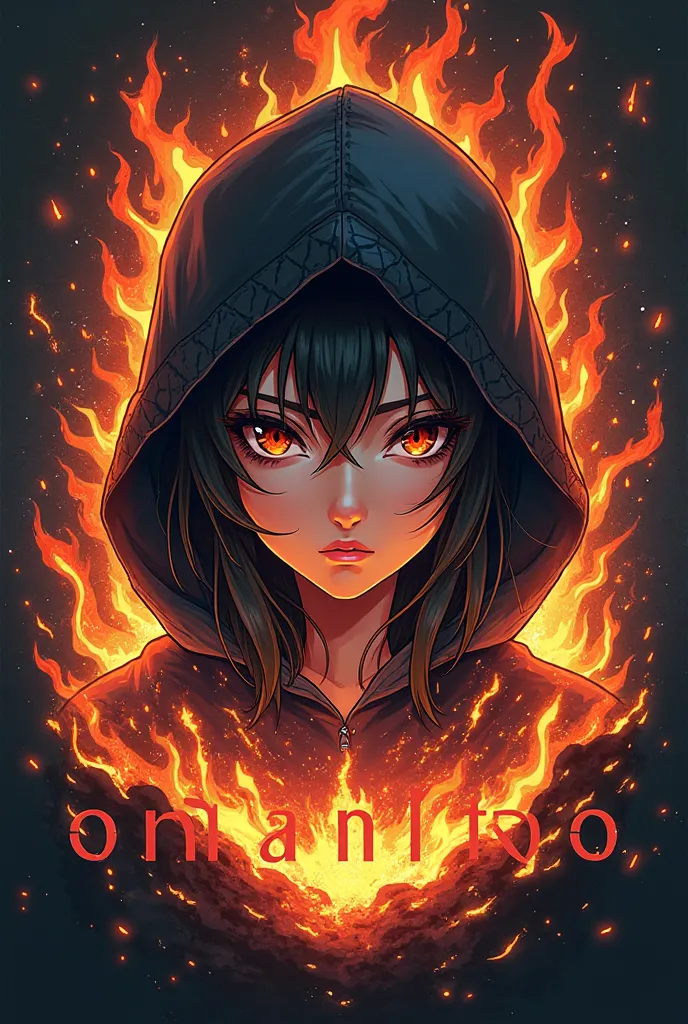 Create logo, a words CHLOEANDREA , fire, a women girl head with hood character anime, animation