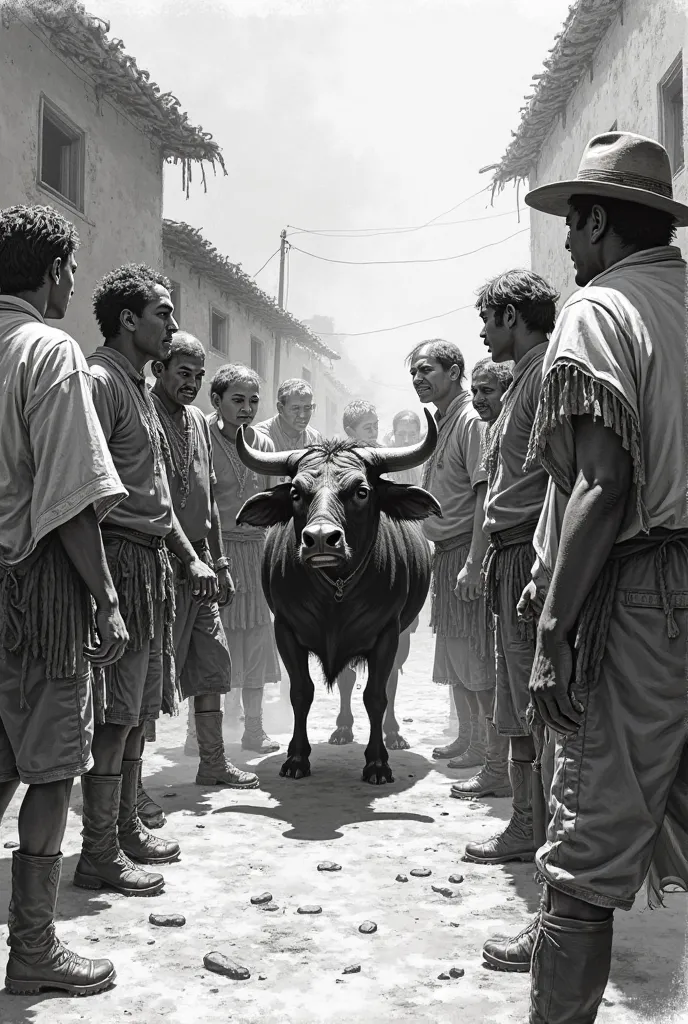 Sketch black and white of Spanish colonial clothing of people gathering confronting a one guy who stole their carabao