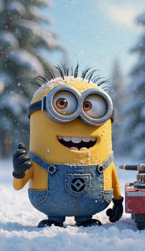 Minion en la nieve, there is a esbirro dj playing a song on a turntable , Arte Digital by Pixar,  ganador del concurso central de zbrush , Arte Digital, esbirro with many many many eyes, yellow esbirro from Despicable Me, still from Despicable Me 2010, Des...