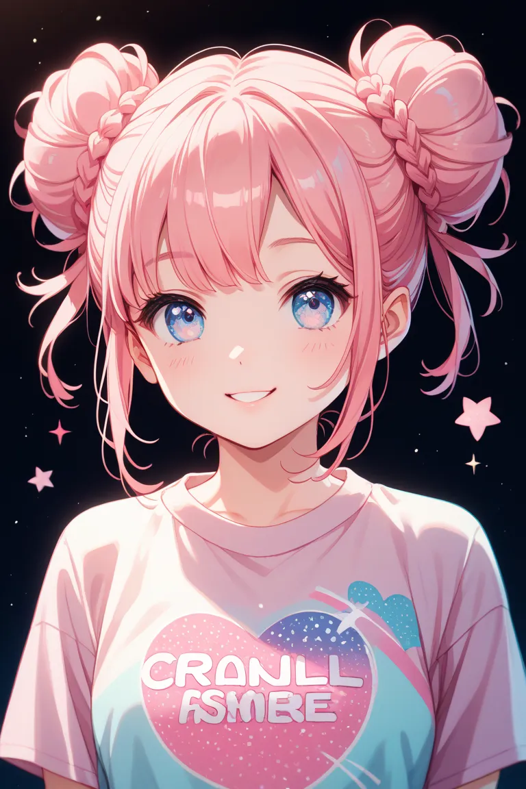 Pink haired girl with two side ups in a bun　One Y-shirt 　pink pants　