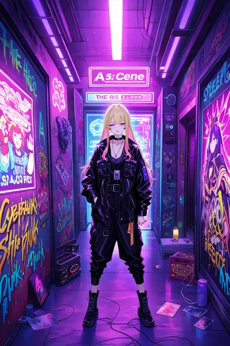 (flat neon color), punk gyaru, cool beauty, black hair, slender body, half-closed eyes, rest, japan exotic fashion, neon motif room, cigarette, geometric movie poster, graffiti,