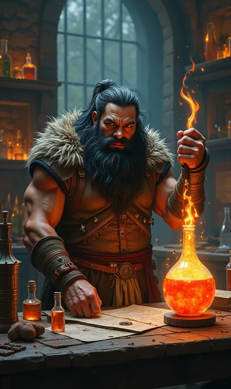 Dwarven, a muscular and strong black-haired young dwarf wizard and alchemist of short stature, creating potions on his bench with his fiery fire rod. 