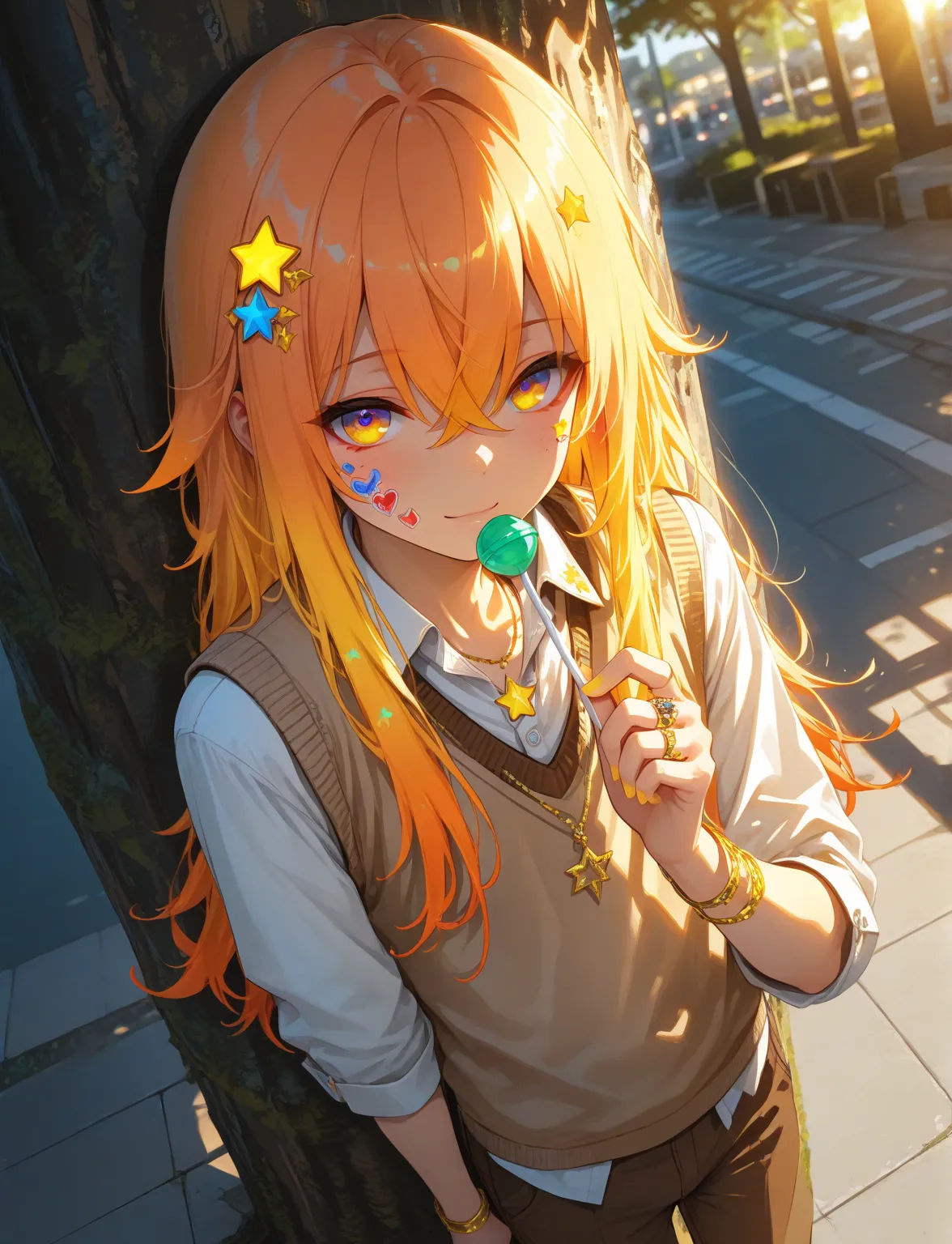 depth of field, scenery, amazing aesthetics, cinematic lighting, cinematic, shading, (good shading), counter_shading, 1boy, solo, male focus, otoko no ko, cute male, long hair, gradient hair, (orange hair:1.2), (yellow hair:1.15), crossed bangs, star hair ...