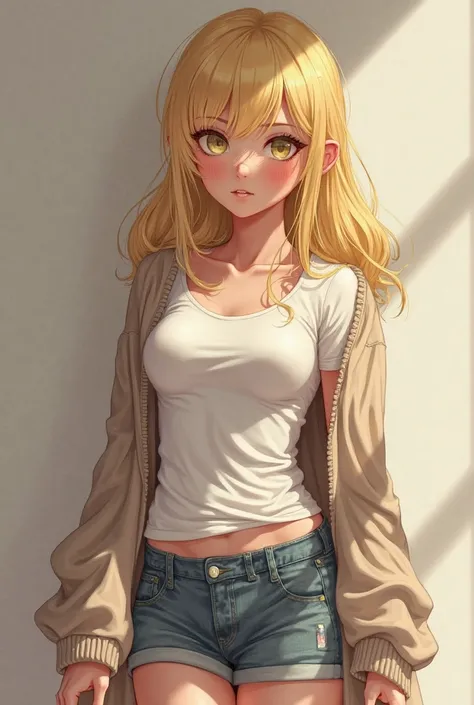 Blonde blonde,  looking at the camera, she has a fit body, light yellow eyes, realistic and detailed face, beautiful girl, detailed face, Masterpiece, young girl style. She's wearing a t-shirt, outerwear is a cardigan, miniskirt.  Image.