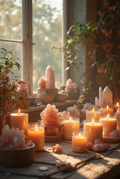 A background candle workshop with quartz and lots of candles. And glass jars with fragrances on a table.There's a window with the sun coming in. Mysticism and scents