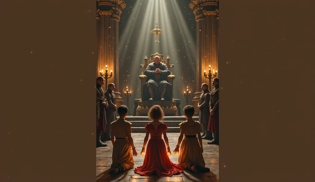 "A grand medieval courtroom with towering stone pillars and golden chandeliers casting a dim, warm glow. Three age nobles—two boys and one girl—kneel in the center, their wrists bound by glowing magical chains. They wear elegant but tattered royal garments...