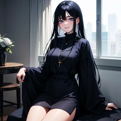 adult woman,Slit, beautiful eyes,long eyelashes,Long black hair,smile,looking at me with his head down,Blue robe,Crossed legs,Black turtleneck clothing,necklace,Inverted triangle earrings,upbank,messy hair,spiked hai、