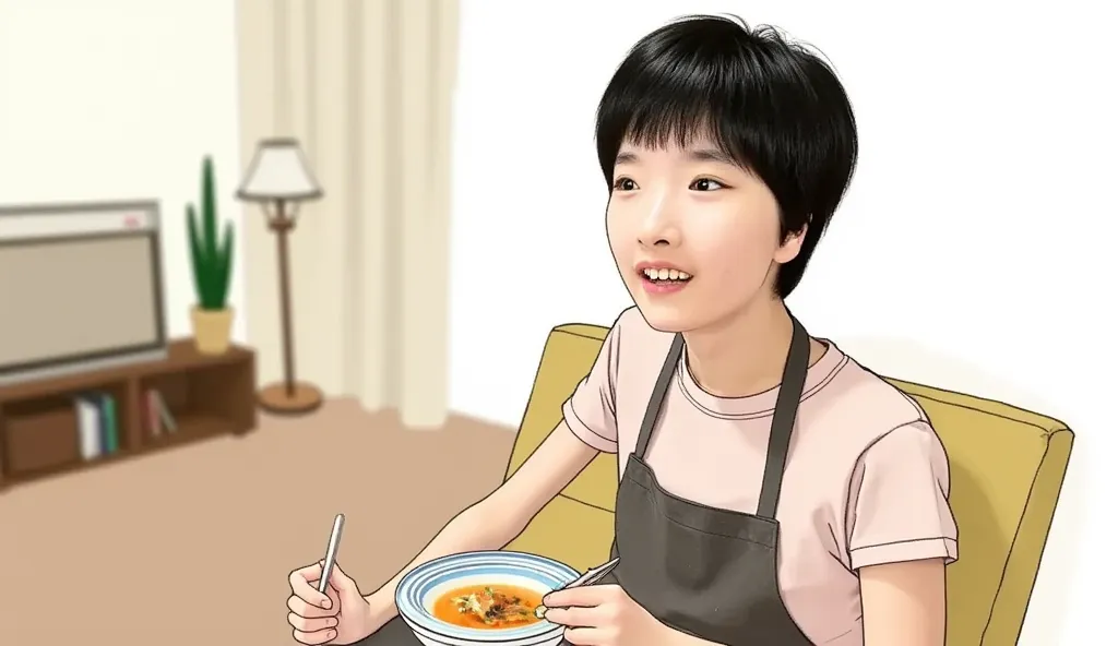 A Quentin Blake-style illustration of a short-haired young Japanese woman wearing an apron, eating her meal in a living room. The woman is sitting on a sofa and has a bowl of soup in front of her. The living room has a television, a lamp, and a plant. The ...