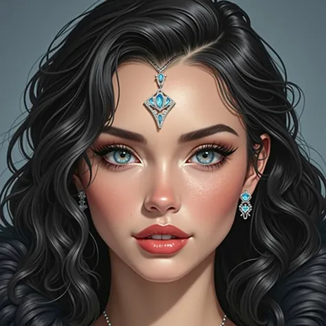 Mujer joven  precious y beautiful, long jet-black hair,SAPPHIRE BLUE EYES, light porcelain skin , full red lips ,mirada  dominant,23 years old,appearance of Aurela Skandaj and Megan Fox,Big breasts,wide hips,wide waist, digital art,illustrated art,realisti...