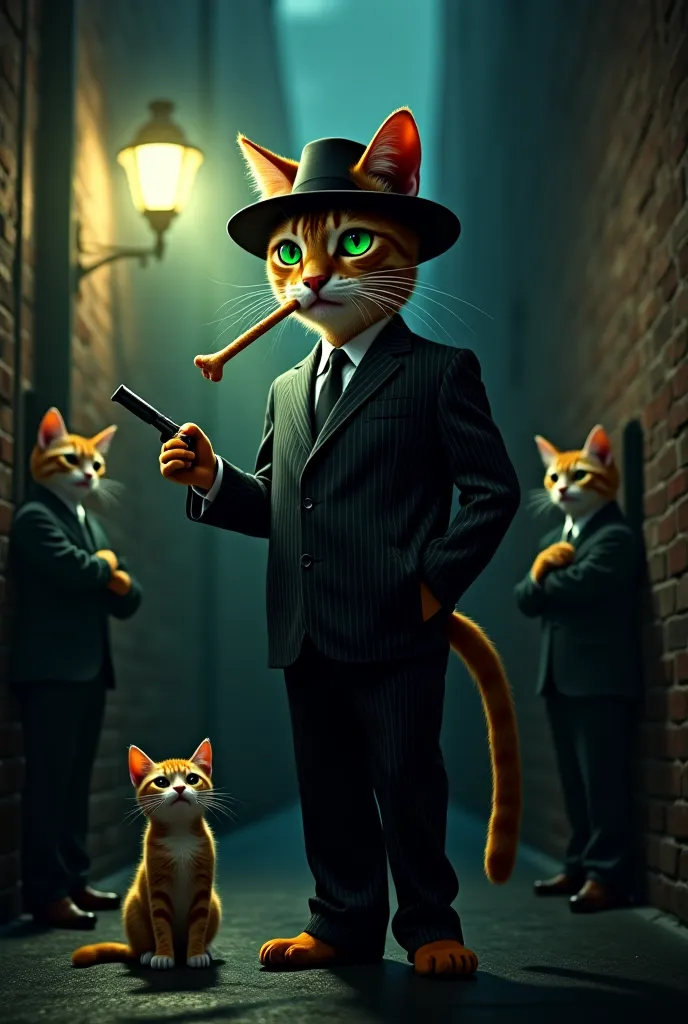 “A tough-looking gangster cat in a pinstripe suit and fedora stands in a dark alley, holding a fishbone like a cigar. His sharp green eyes glare at a guilty-looking kitten caught stealing food. The alley is lit by a single flickering streetlamp, with mist ...