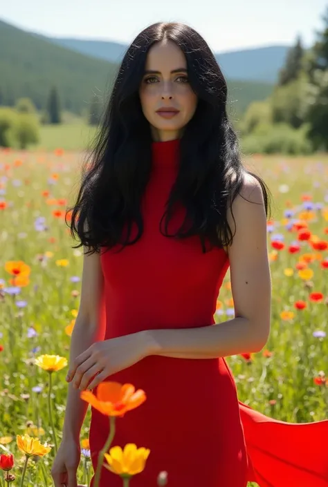 A stunning brunette woman named Krysten Ritter with long, flowing hair stands gracefully in a sunlit meadow filled with vibrant, red, yellow, blue flowers. Her modest attire includes a flowing, red high neck dress that complements the natural surroundings....