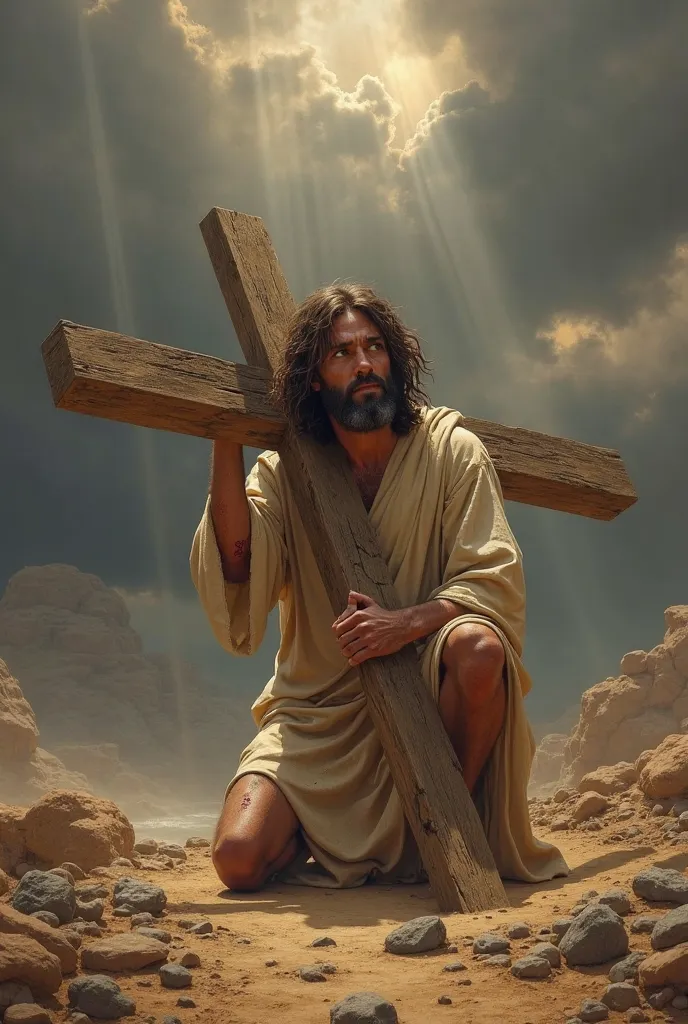 A realistic portrait of Jesus carrying a large wooden cross with an expression of effort and determination. He is kneeling on the barren ground full of stones, with visible wounds on the knees and legs. The scenery in the background is dramatic, with dark ...