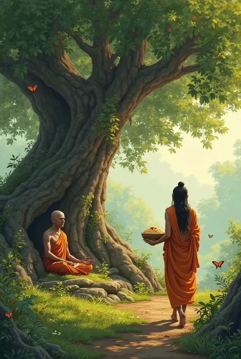 Sujata, carrying a beautifully decorated bowl of rice pudding (kheer), walking through a lush green forest. She sees a frail ascetic with sunken cheeks sitting under a massive ancient Bodhi tree. The ascetic, Siddhartha, is clad in a tattered saffron robe,...