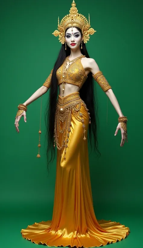  "A full-body image of Phi Nang Ram, a Thai ghost in a traditional golden Thai dancer’s costume. She wears a golden Chada (royal headdress), and her long black hair flows behind her. Her pale face is unsettling yet beautiful, with dark hollow eyes and a my...