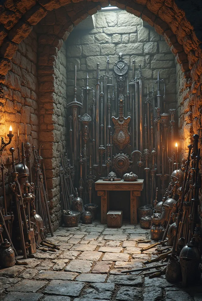 A dungeon room, with no one inside, Full of medieval weapons, swords, Knives, spears,  bows and arrows , axes, War hammers, Crossbows and some armor