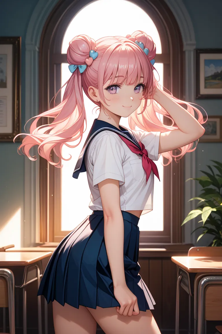 Pink haired girl with two side ups in a bun　uniform　miniskirt　Butt