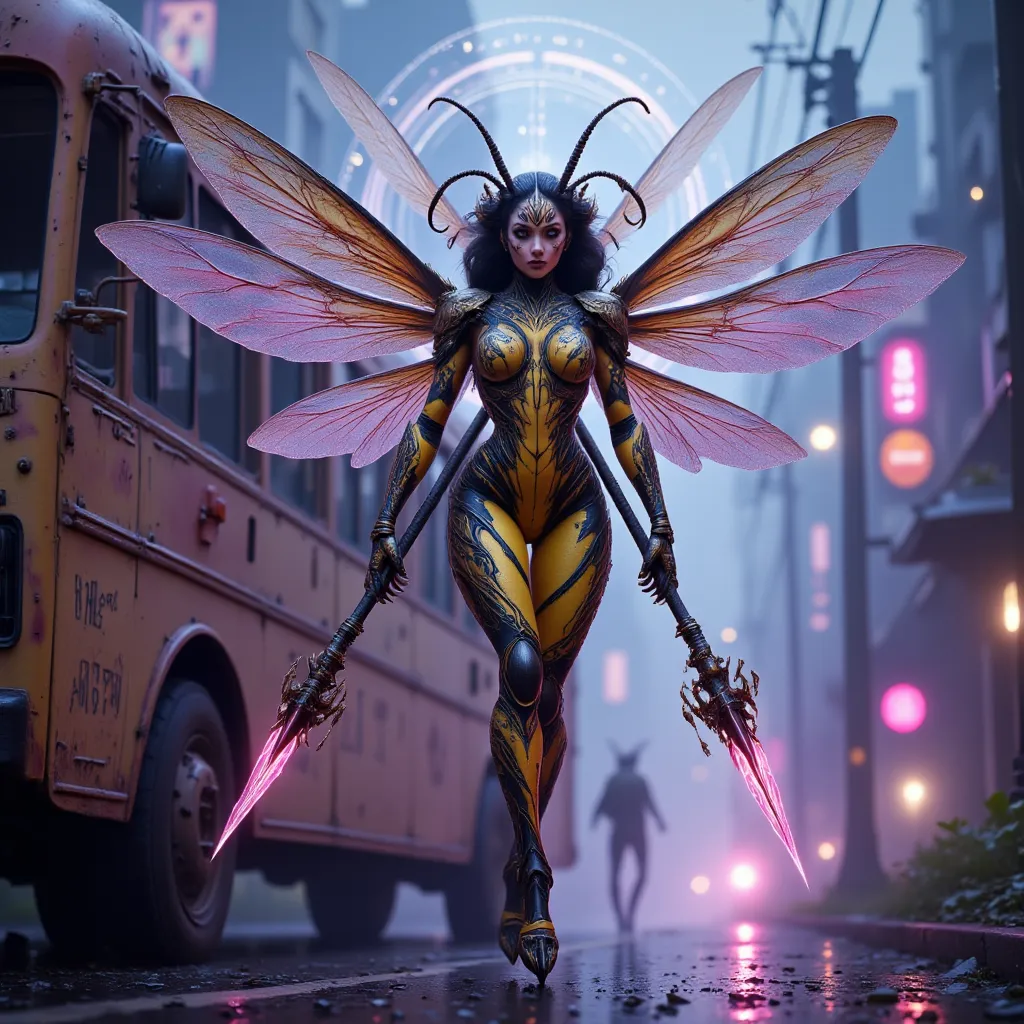 - Main Character, "Korean" Adult Woman, Beautiful, Tall, Long Legs, Pink Eyes, Golden Black Hair.

- Wearing a costume ("Full Sexy Armor").
(Armor Chest and Thighs slightly open).
Futuristic Costume Design.
Has very elegant bee wings.

- Sexy and Athletic ...