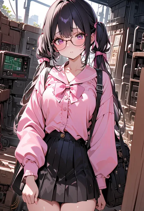  high resolution images, masterpiece,TOP QUALITY, girls on the left, cute face , beautiful skin with glasses,Shiny Hair,super detailed eyes,   mine system,   black hair, bow, twin tails, bag,pink shirt,black skirt,stupid hair