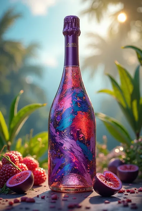 A bottle of açai sparkling wine with lots of color and art 