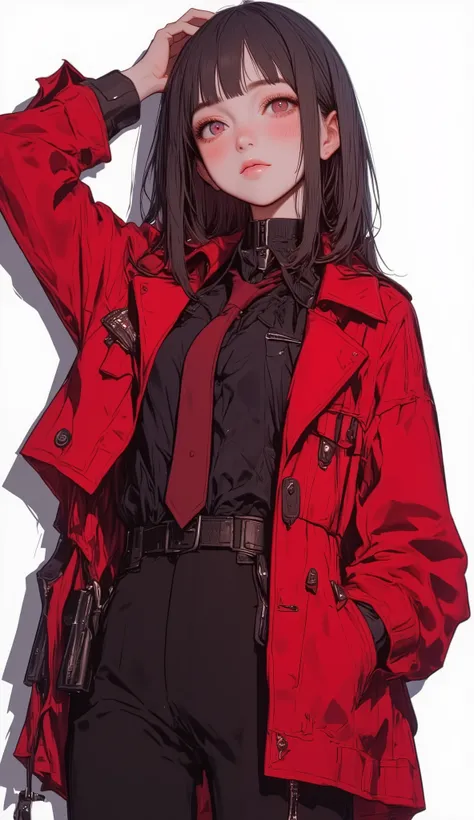 Close up of a high school girl in a red coat and black pants, concept art：Okada Yoneyama, Pixiv,  what is it ？,  official character art ,  Female Protagonist 👀 :8, With all my heart and soul! Asuka&#39;s Suit, Anya from Spy Family,  ssss style . (2018),  B...