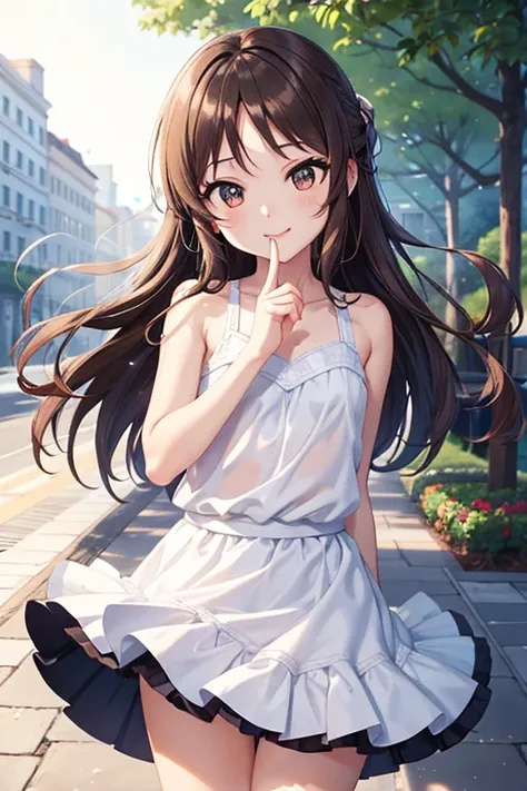 tachibana arisu,flat chest,small ass, 、 glossy brown hair, long hair、, (Sparkling Eyes, fine grain)、smile、super detailed eyes、very detailed face,  very detailed eyes,cowboy shot、
 masterpiece，TOP QUALITY，a bit， very ，， iris，smile， sleeveless short dress，wh...