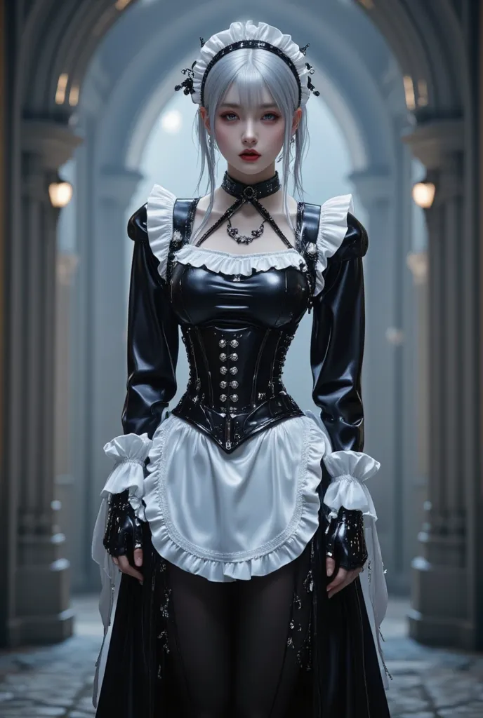   Young Cyborg Beauty ,( black and white gothic maid outfit, long skirt with low skin exposure,   corsets  , black tights, Black Boots ),(  Silver Hair, Shoulder-length hair in images , purple eyes, half-closed eyes ,  unusual suspicious feelings:1.3,Black...