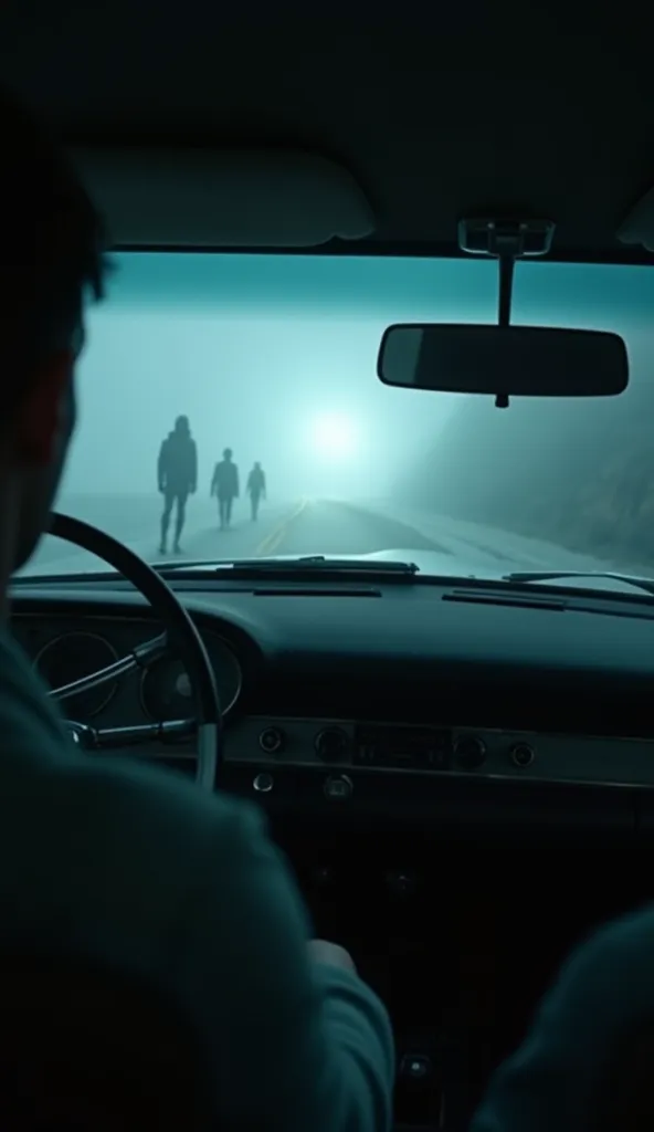 A cinematic scene inside a vintage car at night, with the driver frozen in terror as they glance into the rearview mirror. The reflection shows the backseat of the car completely empty, despite the fact that moments ago, the mysterious hitchhiker was sitti...