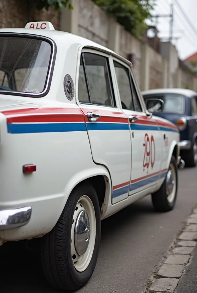 Chevete taxi anos 70, White color, Cape Branco, two horizontal stripes on the side of the car, one blue and the other red , The reference for the colors of taxis in Salvador/NOT, Brazil, The strips are the same height, 10 centimeters each, 