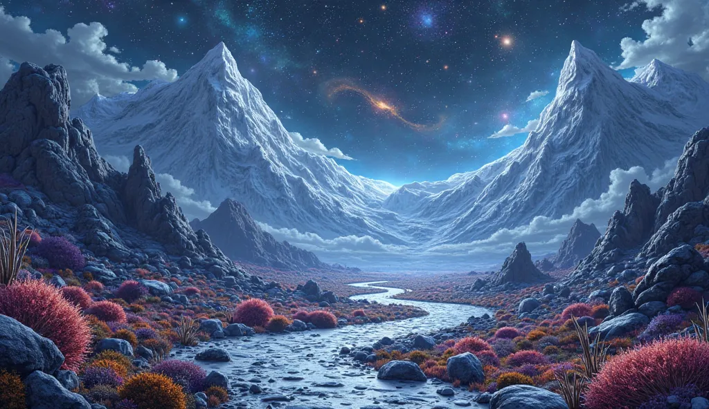 Cosmic scenery of a path between icy and rocky mountains with colorful vegetation, dark night