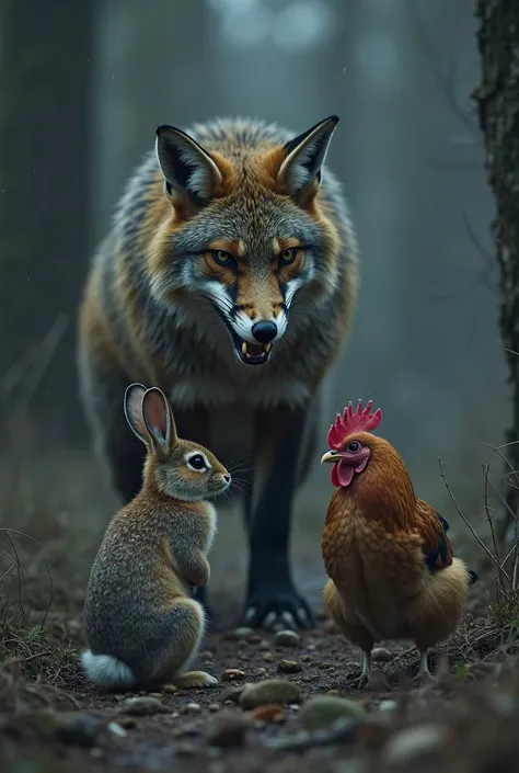 An intense scene of a brave rabbit standing in front of a terrified hen, blocking the path of a menacing fox. The fox, with sharp teeth and a wicked grin, is ready to pounce. The rabbit is determined, its body tense, as if ready to sacrifice itself. The fo...