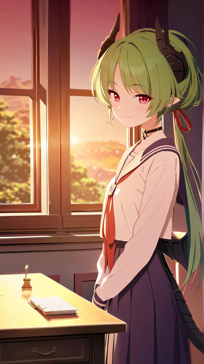 JK (Dragon girl, green hair ponytail, red eyes, dragon black horns, dragon black wings, dragon black tail), (Sailor Suit), Solo, Gaze at Viewer, Smile, Middle Shot, Classroom